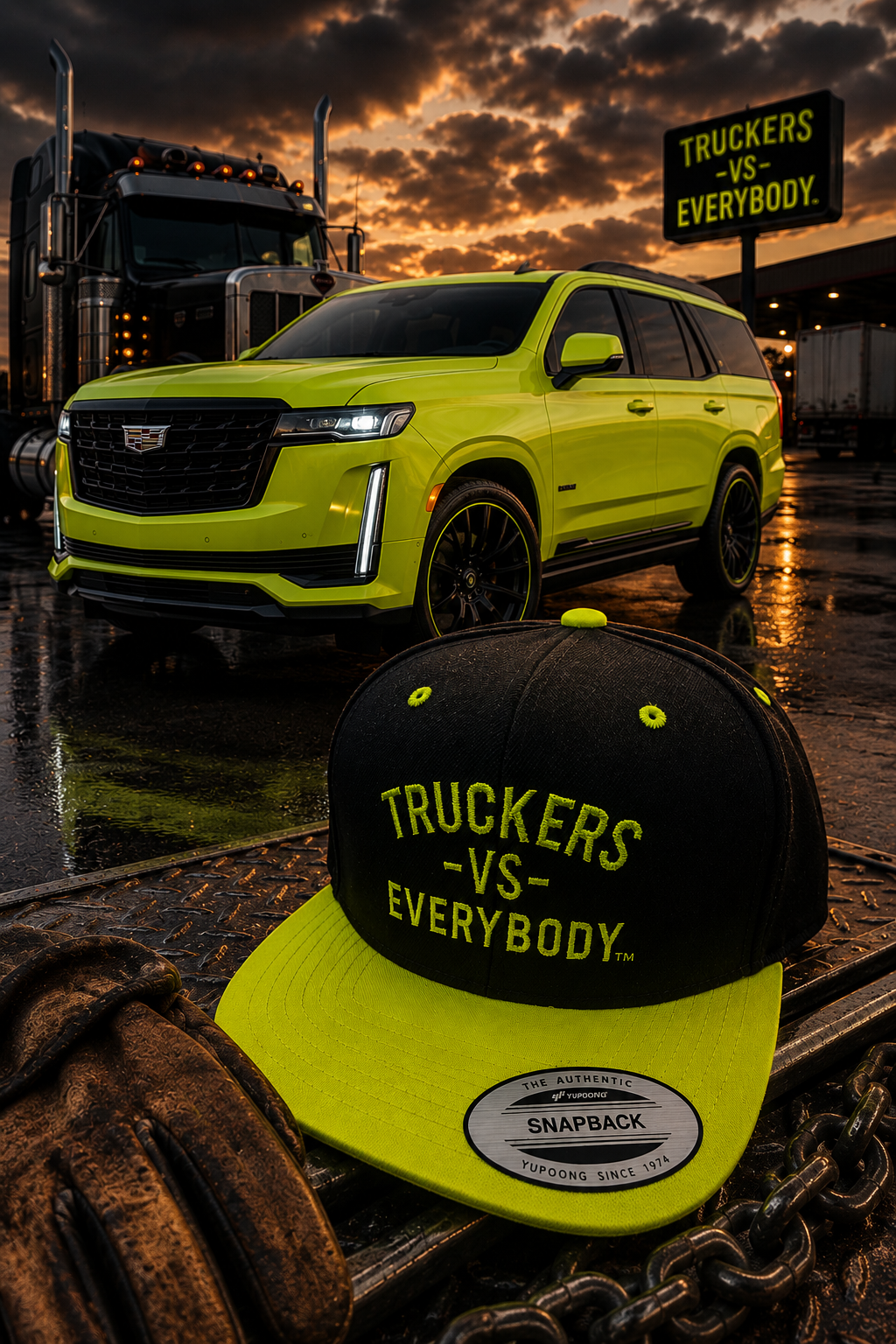 Truckers-Vs-Everybody™ Embroidered Trucker Cap (NeonGRN/Black)