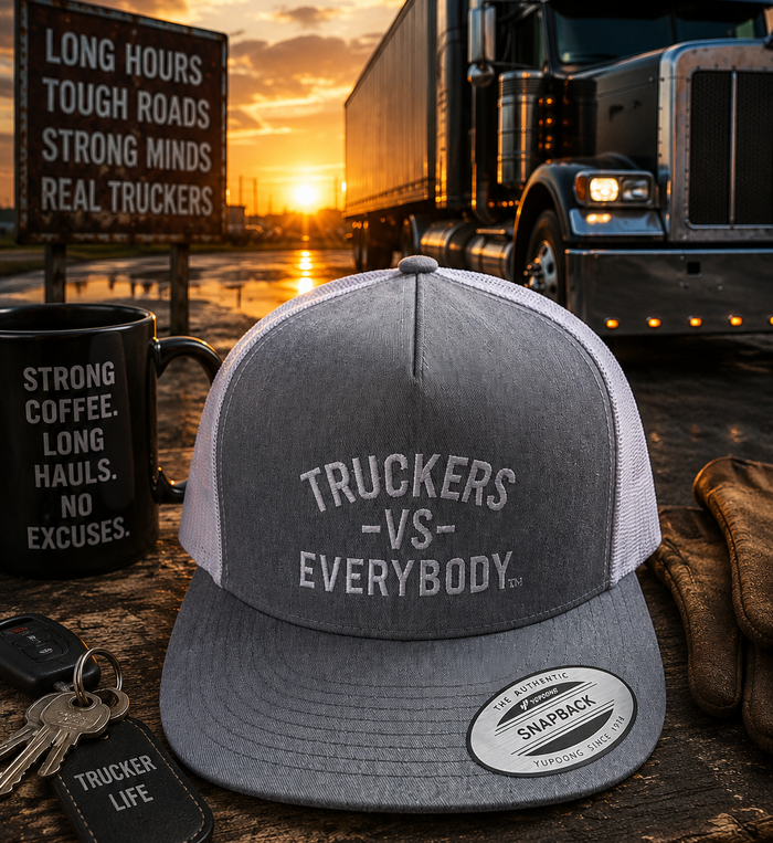 Truckers-Vs-Everybody™ Embroidered Trucker Cap (Grey/White)