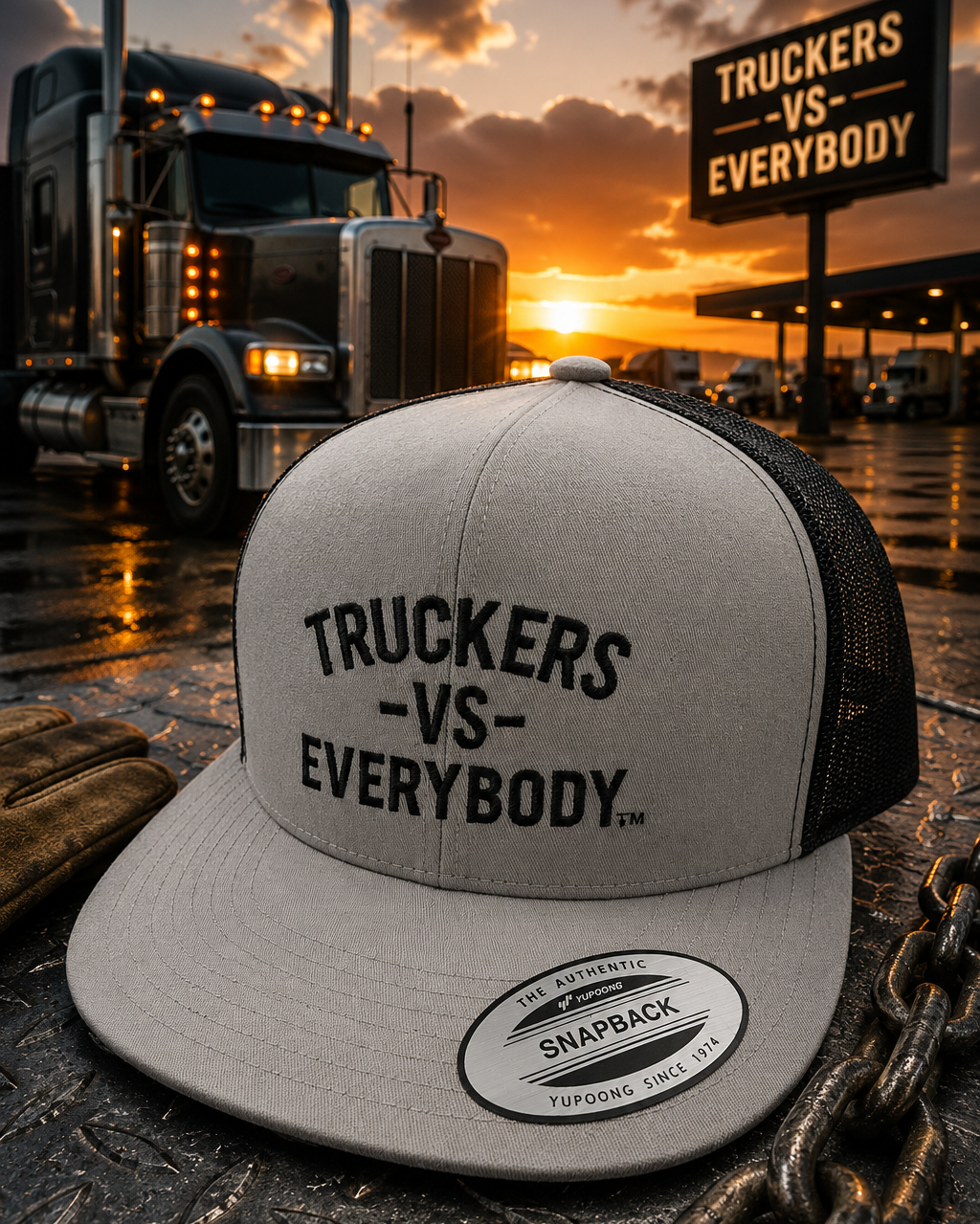 Truckers-Vs-Everybody™ Embroidered Trucker Cap (Grey/Black)
