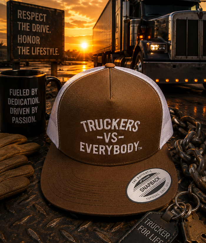 Truckers-Vs-Everybody™ Embroidered Trucker Cap (Brown/White)