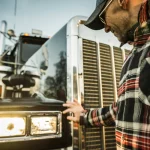 A man in plaid shirt standing next to a semi-truck with headlights on