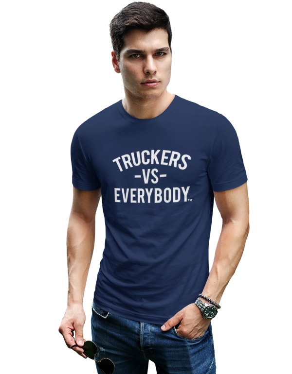 Model wearing navy blue Truckers VS Everybody t-shirt